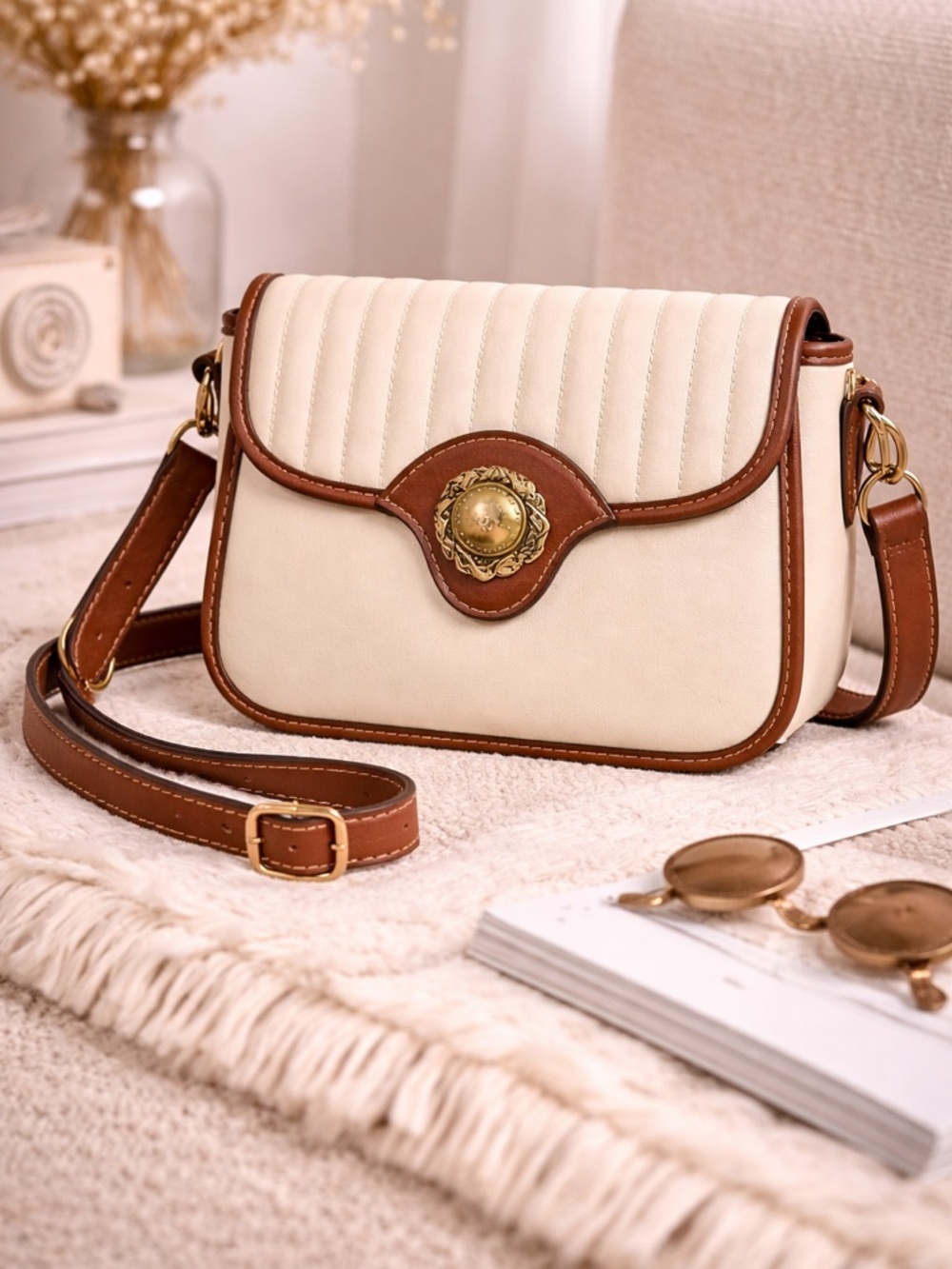 Bar Harbor Quilted Crossbody Bag Tan Brown Saddle Bag Vintage Style